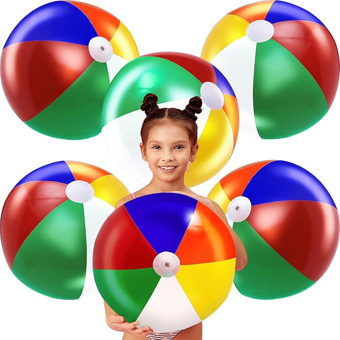 4E's Novelty Beach Balls [3 or 6 Pack] 20" Inflatable Beach Balls for Kids - Pool Games Toys for Kids & Toddlers, Classic Rainbow Color, Easter Outdoor Yard Games