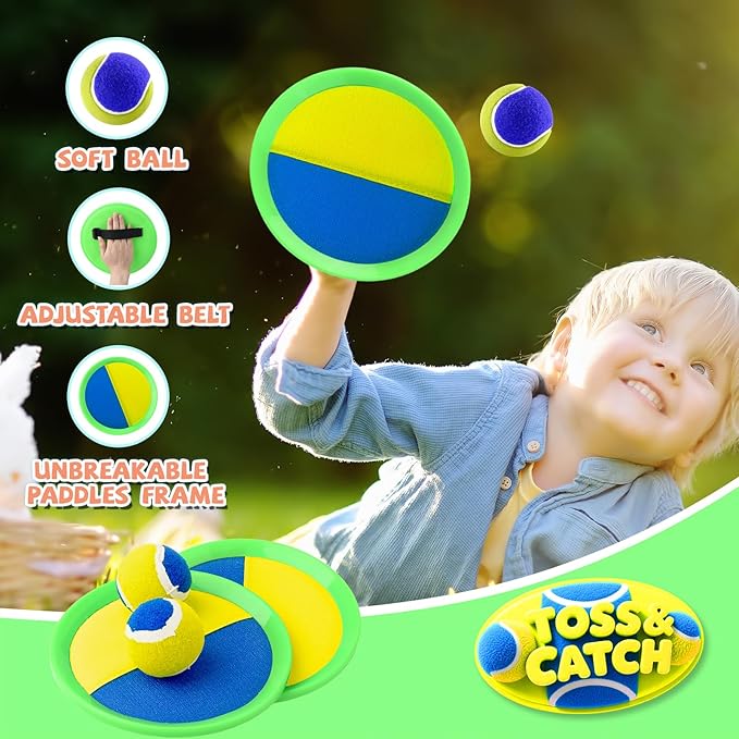 Outdoor Games - Beach Toys, Toss and Ball Set with 4 Paddles and 3 Balls, Perfect Yard Games Sets, Playground Sets for Backyards Easter Basket Stuffers for Kids/Adults/Family