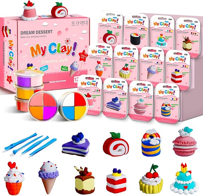 Kids Clay Air Dry Clay for Kids - Air Drying Modeling & Sculpting Kit,DIY 12 Box Food Dessert Cake Theme Arts & Crafts Clay Set,Ultra Soft Non-Sticky Bulk Party Favors & Party Crafts for Girls & Boys