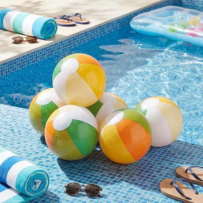 Realspring 12 Pcs Pastel Inflatable Beach Balls Kids Bulk Stripe Jumbo Big Beach Balls Pool Floating Toy for Adult Water Game Baby Shower Birthday Summer Swimming Party (Orange and Green,10 Inch)