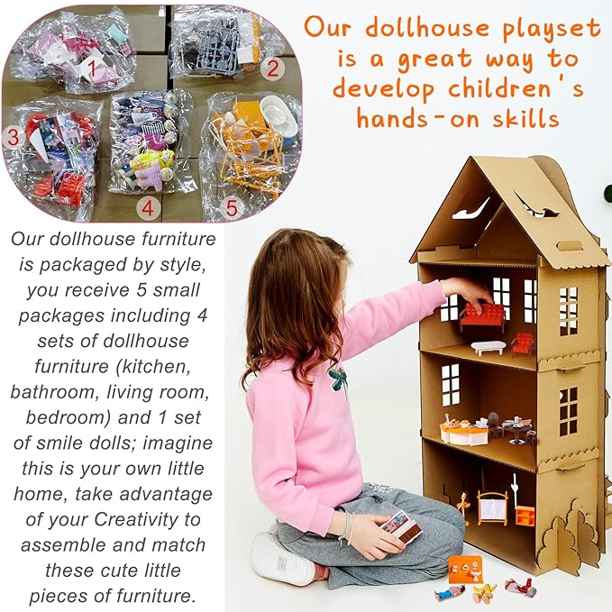 HyDren 83 Pcs Wooden Dollhouse Furniture Set with 8 Flexible Dolls for 5 Rooms Kits Kitchen, Dining, Living Room, Bedroom, Bathroom Dollhouse Accessories and Furniture Toys for Girl Boy Toddlers Gift