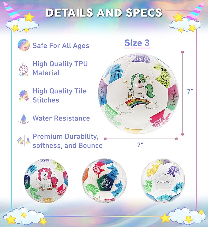 Unicorn Size 3 Kids Soccer Ball - Colorful Unicorn Ball for Boys and Girls, Indoor and Outdoor Sports Games