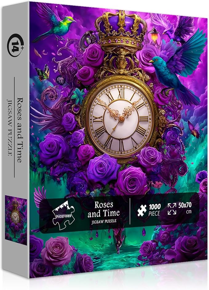 Fantasy Puzzles for Adults 1000 Pieces, Magic Landscape Clock Purple Flower Rose Jigsaw Puzzle, Bird Animal Colorful Challenge Puzzle