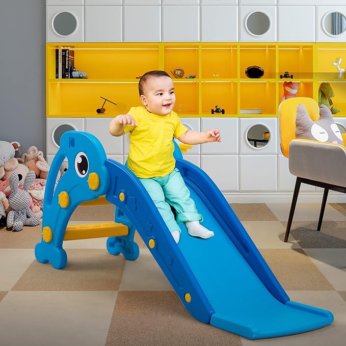 TOBBI Kids Slide for Indoor and Outdoor, Freestanding Slide for Toddler Playground Slipping Slide Climber Toy Playset with Basketball Hoop & Ball, Sky Blue