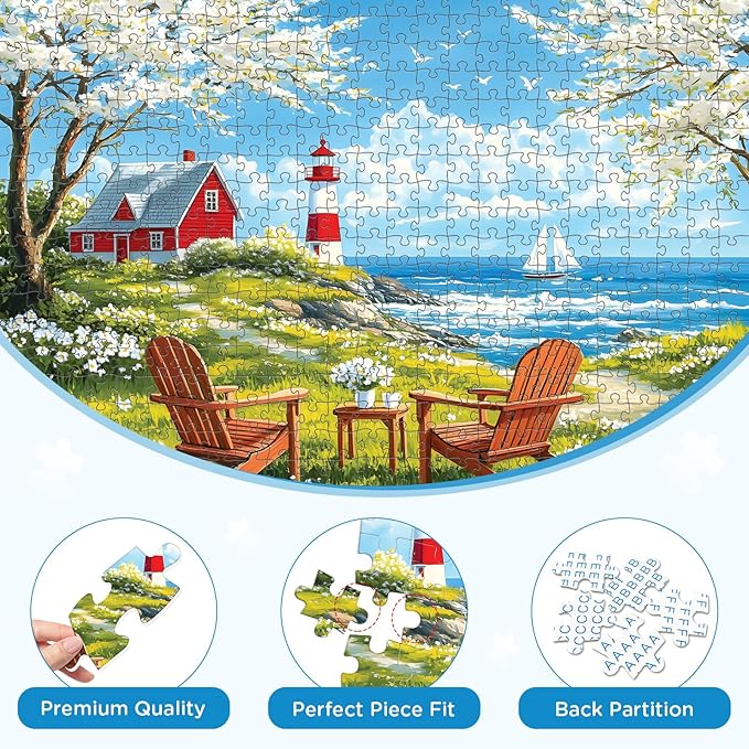 500 Pieces Puzzles for Adults, Relaxing Coastal Lighthouse Jigsaw Puzzles, Premium Seaside Scenic Landscape Wall Art for Home Decor, Challenging Gift for Women & Men, 20.5x15 in