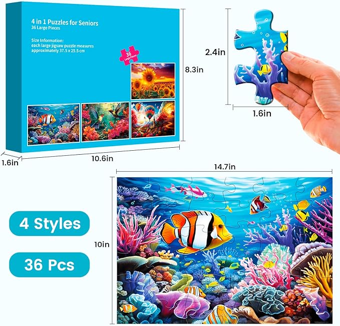 4 Packs Large Piece Puzzle for Seniors - Dementia 36 Pieces Puzzles for Elderly Adults,Alzheimer Puzzles Memory Cognitive Games for Elderly Seniors with 4 Storage Bags
