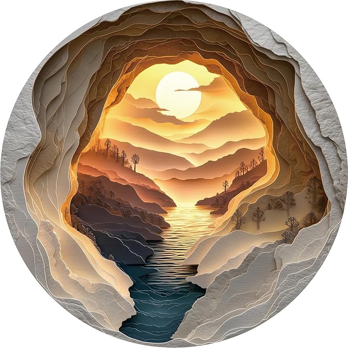 3D Visual Art Puzzles for Adults, 500 Piece Cave Sunset River Jigsaw Puzzle for Adults, Scenic Circular Landscape Puzzle 500 Pieces, Challenging Family Puzzle, 22 x 22 inches