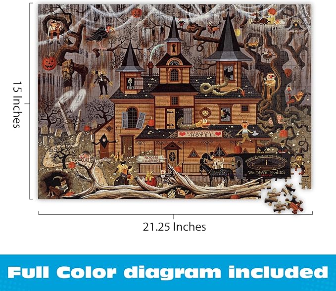 Buffalo Games - Trick or Treat Hotel - 500 Piece Puzzle for Adults - Charles Wysocki Fall Jigsaw Puzzles - Challenging Halloween Scene with Poster – 500 Vibrant Pieces for Autumn