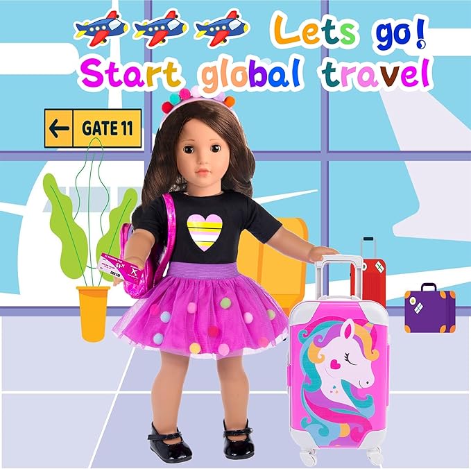 ebuddy 18 Inch Doll Clothes and Accessories - Travel Suitcase Play Set for 18" Dolls, Includes Clothing, Backpack, Roller Skates & More (Doll Not Included)