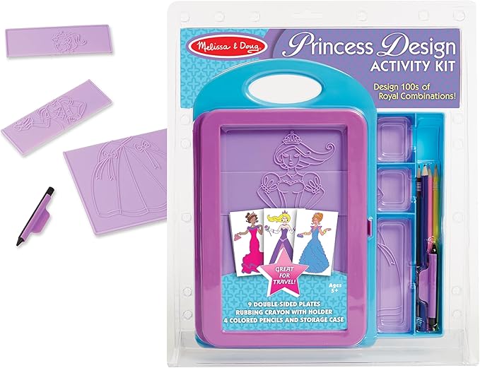 Melissa & Doug Princess Design Activity Kit - 9 Double-Sided Plates, 4 Colored Pencils, Rubbing Crayon