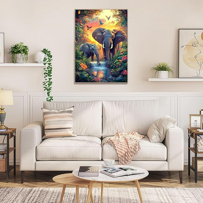 1000 Piece Jigsaw Puzzle for Adults, Mother Elephant & Calf in Lush Jungle with Waterfall, Tropical Forest with Colorful Birds, 20x28 Inch Premium Puzzle, Precision Cut for Relaxation