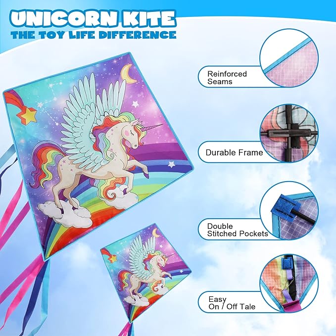 TOY Life Unicorn Kite for Kids – Large Easy to Fly Beach Kite with 50M String & Handle – Durable Nylon Outdoor Toy for Boys & Girls Ages 4-12 – Gift for Beach & Park Fun