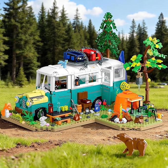 Wilderness Bus Building Set with Light, 1392PCS Camping Building Toy Kit with Removable Bus, Animals and Rich Accessories, Creative Home Decor & Display, Xmas Birthday Gifts for Adults Teens