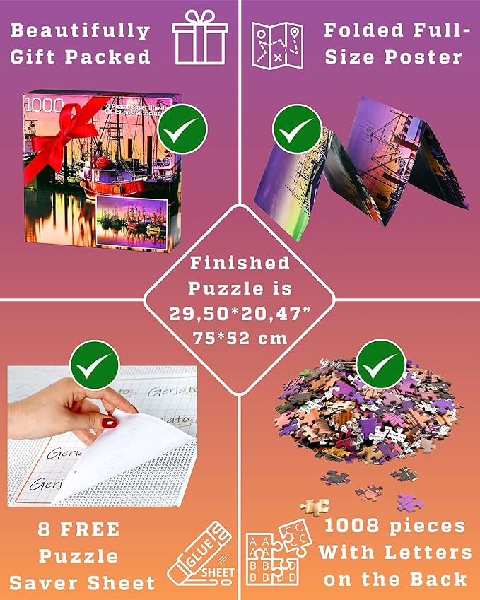1000 Piece Puzzle for Adults - Scenic Harbor with Colorful Boats, Gift-Ready Box, Letters on Back, 8 Puzzle Saver Sheets & Full-Size Poster by GERJATO - Ideal Gift for Loved Ones