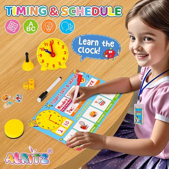 Alritz Pretend Teacher Playset, Role Pretend Play Kids School Toys Kit Include Map, Calendar, White Board Boys Girls Toys, Easter Birthday Gift for Ages 5 6 7 8 9 10 11 12 13+