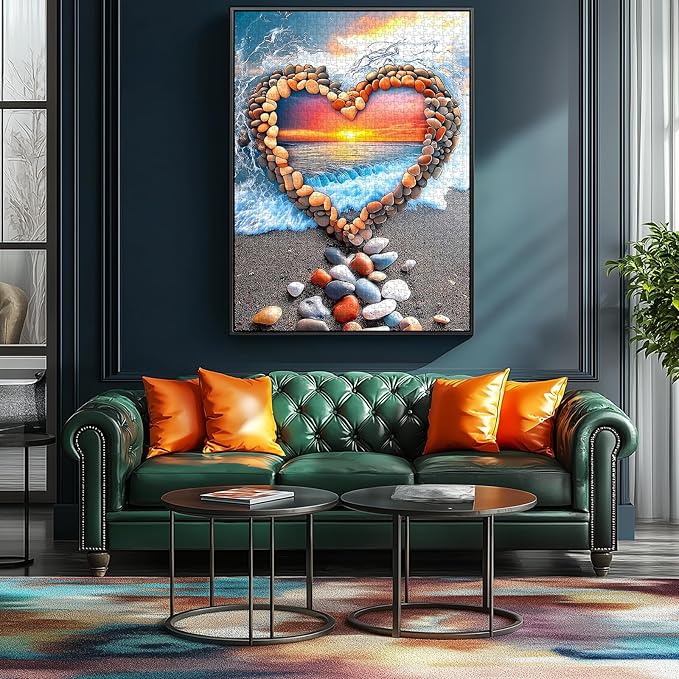 MINIWAN 1000 Piece Puzzle for Adults, Heart Shaped Stone Beach Sunset Jigsaw Puzzle, Impossible Difficult Hard Fun Puzzles for Adults, 27.5x19.7 in Romantic Art Puzzles for Home Decor & Stress Relief