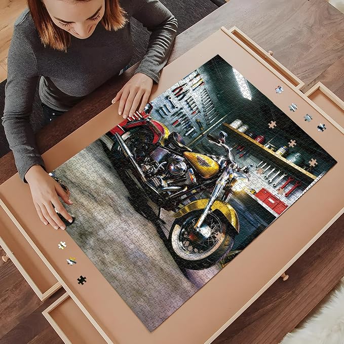 Puzzle for Adults 1000 Pieces,Golden Motorcycle in Garage JigsawPuzzle, Challening Impossible Difficult Hard Fun 1000 Pieces Jigsaw Puzzles for Adults