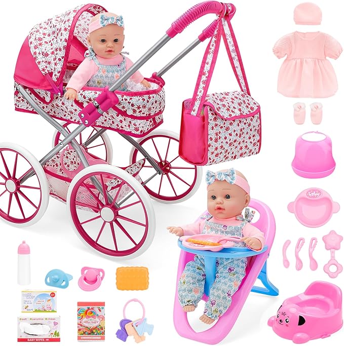 deAO Baby Doll Stroller Set Baby Doll Accessories Playset Pretend Play Toys with 12" Baby Doll,Foldable Stroller,2 Sets Doll Clothes High Chair Christmas Birthday Gift for Toddler Girls 3-7