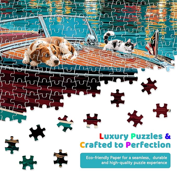 300 Piece Puzzles for Adults, 300 Piece Puzzles for Adults Large Piece, Nighttime Lake Boat Dogs Cats Jigsaw Puzzle Funny Gift for Adult Kids Challenging Family Games Toy, 20.5 X 15 in