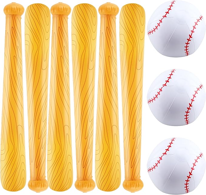 9 Pack Inflatable Bat Set Include 6 Pcs 32 Inch Blow up Baseball Bat and 3 Pcs Ball Inflates Inflatable Wood Grain Bat for Summer Pool Sports Theme Birthday Party Favors
