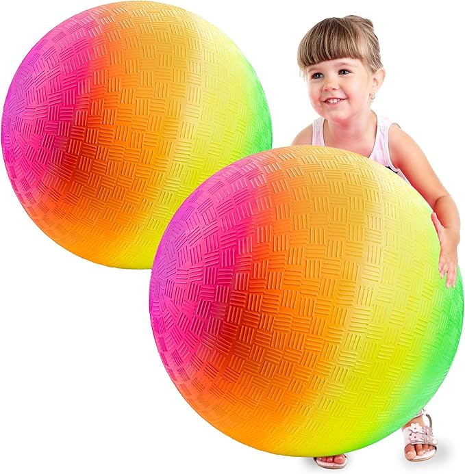 Bedwina 18 Inch Rainbow Playground Ball for Kids (Pack of 1 or 2) Jumbo Size Rainbow Inflatable Big Bouncy Kickball for Park, Giant Balls for Indoor and Outdoor Games with Hand Pump
