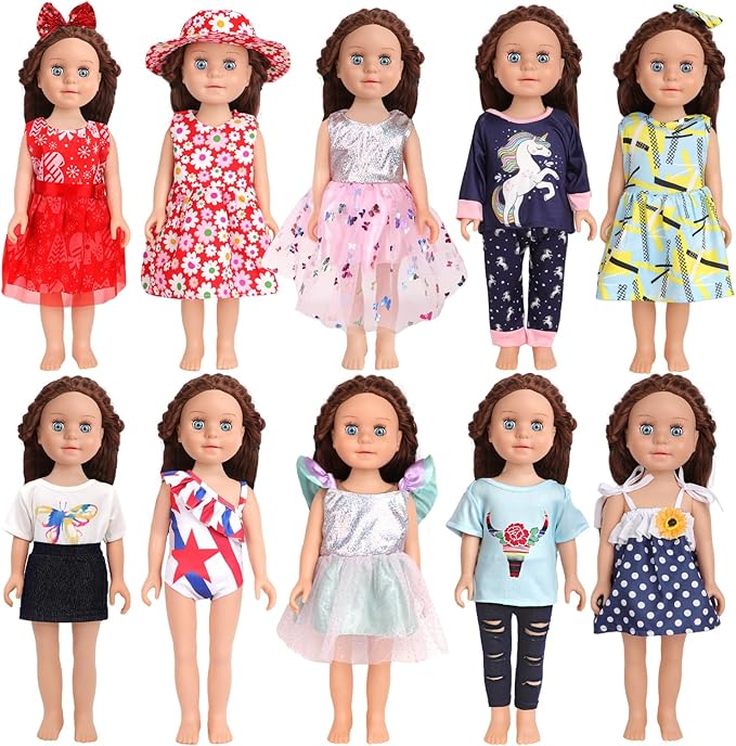 10 Sets of 18 Inch American Doll Clothes, Including 10 of Doll Clothing Dress Outfits for American Dolls, Birthday Gifts for Kids
