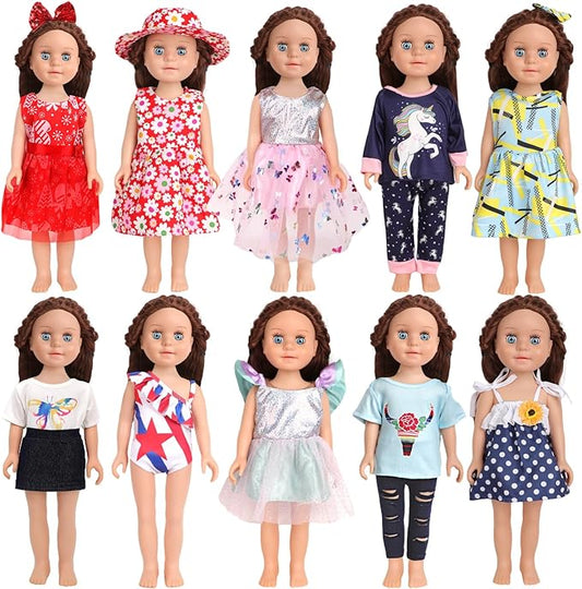 10 Sets of 18 Inch American Doll Clothes, Including 10 of Doll Clothing Dress Outfits for American Dolls, Birthday Gifts for Kids