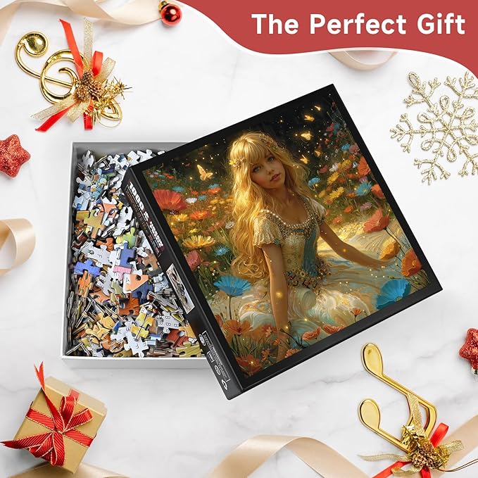 Enchanted Forest Fairy 1000 Piece Jigsaw Puzzle for Adults - Magical Flower Field Scene with Butterflies, Poster & Lettered Back, 22.8" Square HD Quality, Unique Gift for Fantasy & Nature Lovers