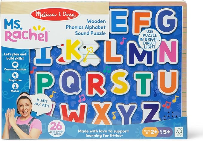 Melissa & Doug® Ms. Rachel™ Wooden Phonics Alphabet Sound Puzzle with Light-Activated Sound Effects, 26-Piece Toddler Toys for Boys and Girls Ages 2+ Years - FSC Certified