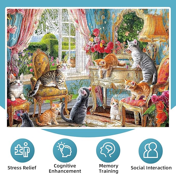 Puzzles for Adults 500 Pieces,Cute Cats Puzzle for Adults,Cozy House & Kittens Jigsaw Puzzles,Recyclable Cardboard Puzzles for Seniors,Puzzle for Family Game Nights, 20.5x15 in