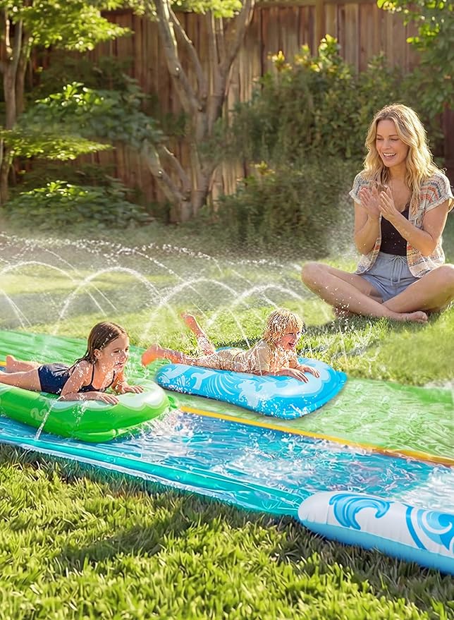 JOYIN 22.5FT Water Slide and 2 Inflatable Boards, Extra Long Heavy Duty Double Lawn Waterslide with Sprinkler for Kids Adults Backyard Summer Water Toy Outdoor Fun, Blue, Green