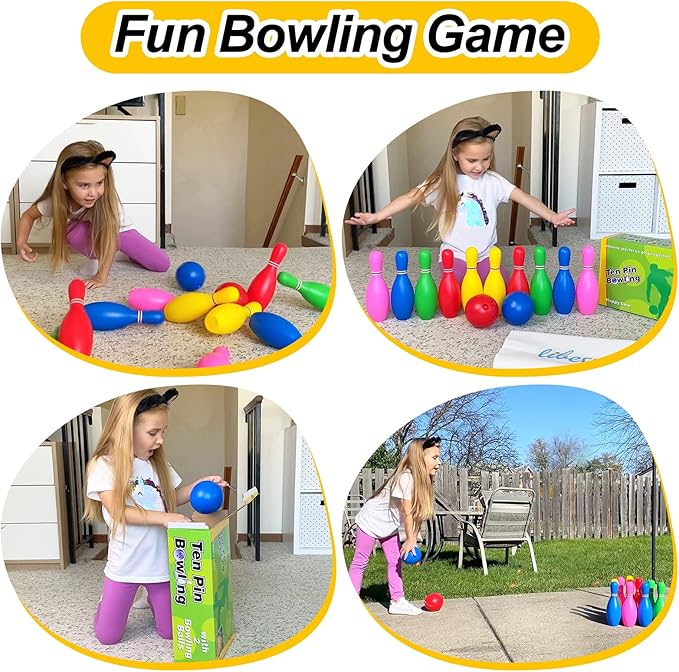 Liberry Kids Bowling Set, 10 Plastic Toy Bowling Pins & 2 Balls, Toddler Indoor Outdoor Sports Games, Educational Birthday Gifts for Boys Girls Ages 2 3 4 5 (Multicolor)