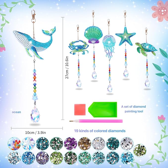 Diamond Art Kits for Kids Ages 6-12: Gifts for 7 8 9 10 Year Old Girls Teens Birthday Gifts Creative Arts & Crafts for Girls Boys DIY Wind Chime & Suncatcher Craft Kit Crystal Decor Kit Ocean