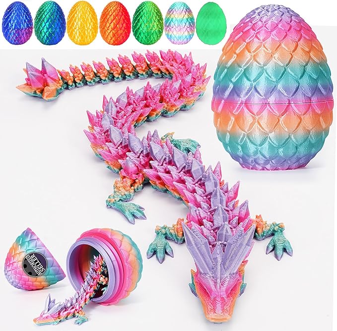 3D Printed Dragon Easter Egg, Mystery Crystal Articulated Dragon Fidget Toys, Surprise Prefilled Easter Egg Filled with Toy - Basket Essentials Stuffers for Kids Girls Boys (Random Candy Colors)