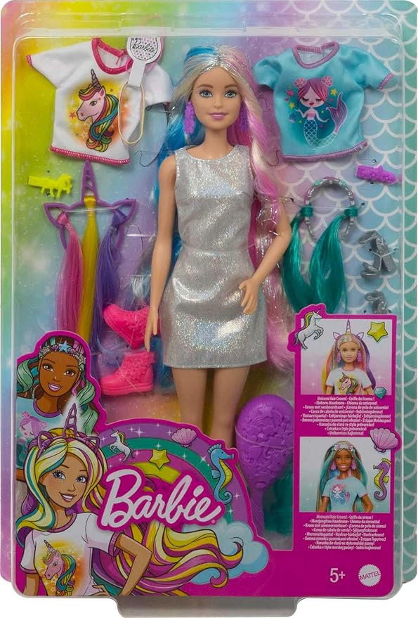 Barbie Fantasy Hair Doll, Blonde, with 2 Decorated Crowns, 2 Tops & Accessories for Mermaid and Unicorn Looks, Plus Hairstyling Pieces, for Kids 3 to 7 Years Old (Amazon Exclusive)