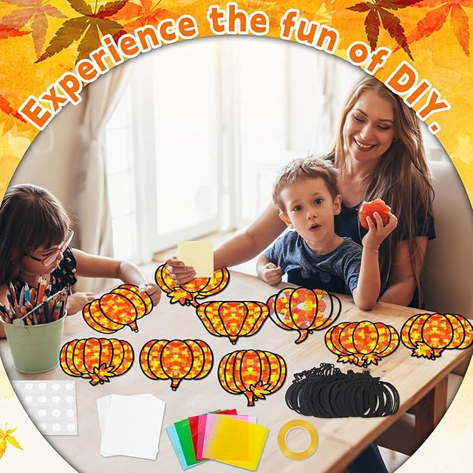 32 Sets Pumpkin Suncatchers Craft Kit DIY Window Stained Glass Effect Fall Pumpkin Paper Crafts Home School Classroom Autumn Thanksgiving Decor Kid Birthday Gift Creative Art Project Activity Game
