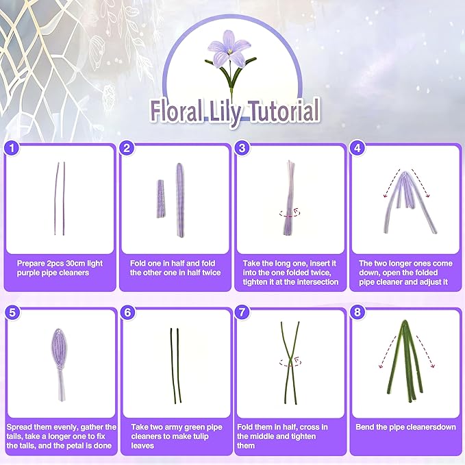 LINAYE 500 PCS Pipe Cleaners Craft, 6 Colors Pipe Cleaners Flowers Kit, Chenille Stems for Crafts with Instruction Wrapping Paper, Flower Stamens, Stems Art and Craft Supplies Purple