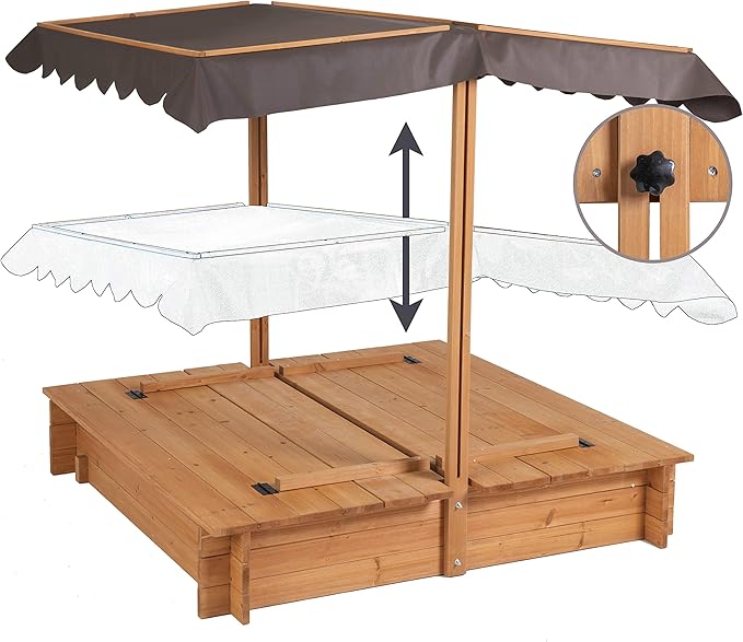 BIRASIL Wood Sandbox with Cover, Sand Box with 2 Bench Seats for Aged 3-8 Years Old, Sand Box for Backyard Garden, Beach Patio Outdoor (Natural Wood, 48 Inch)
