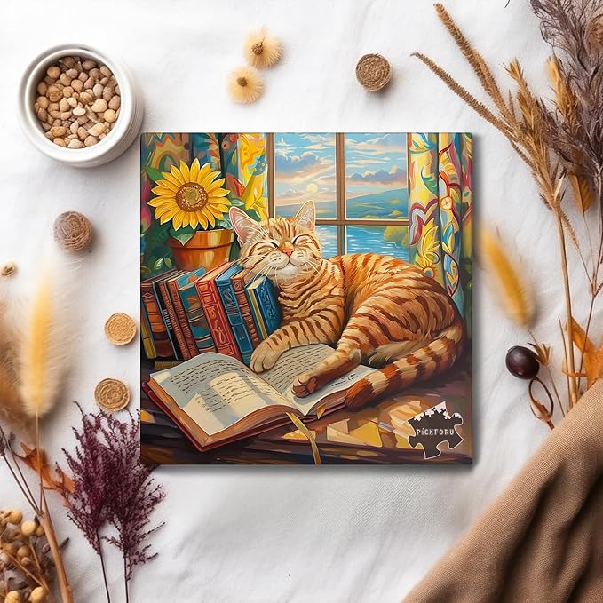 Cat Puzzles for Adults 1000 Pieces, PICKFORU Animal Kitten Jigsaw Puzzles Funny Sleep Kitty, Difficult Unique Book Puzzle for Cat Lovers