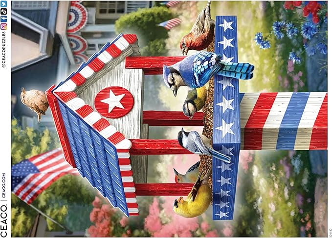 Ceaco - Large Piece Jigsaw Puzzle- Larry Jones - Patriotic Birdhouse - Relaxing and Fun Activity for Adults