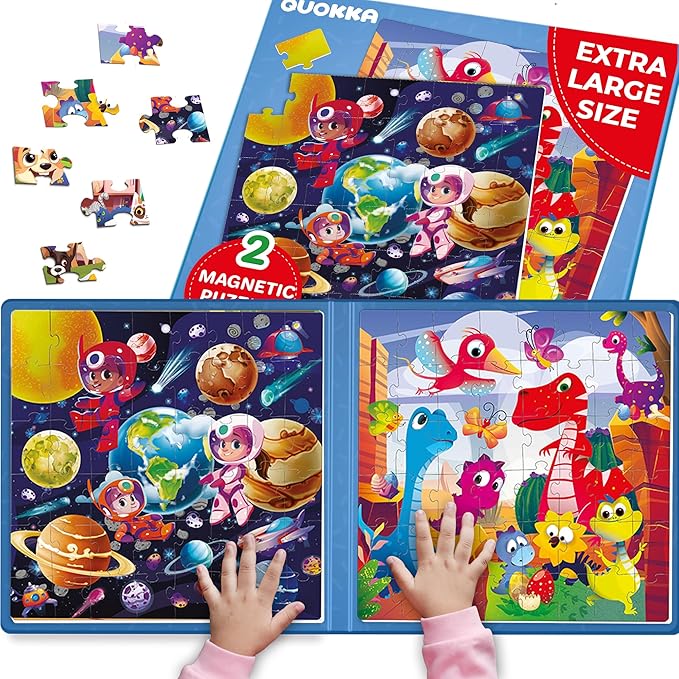 QUOKKA Magnetic Puzzles for Toddlers 3-5 – 2x48 Pieces Travel Games for Kids Ages 2-4 – Dinosaur Magnetic Puzzles for Kids Ages 4-8 – Space Learning Puzzle Gift Toy for Boys and Girls
