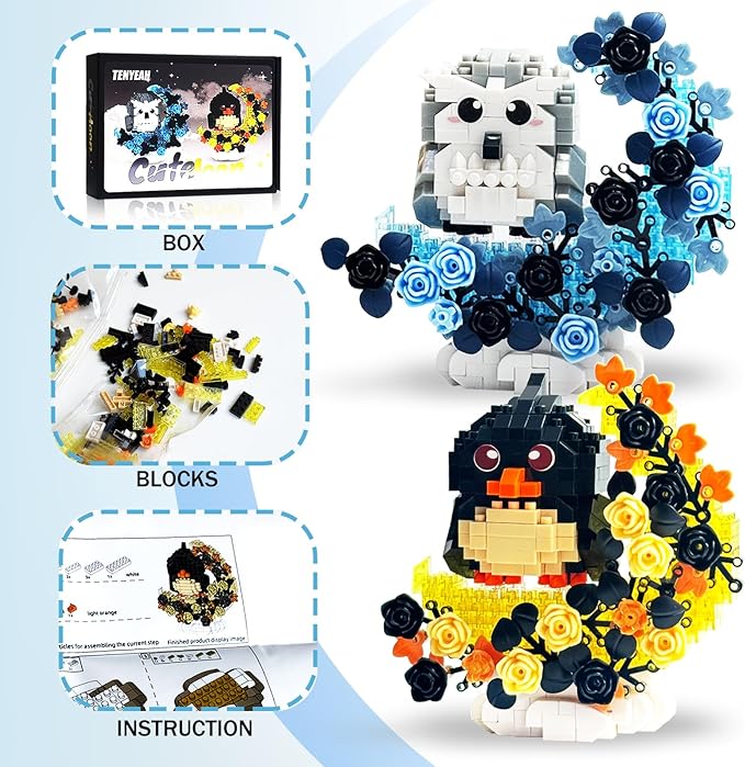 2 in 1 Micro Bricks Bird, Owl & Eagle with Black Roses Flowers moon Building set, Animals with Moon Flowers Mini Building Blocks Toy, Gothic Home Decor, Goodie Bags Stuffers, Birthday Party Favors