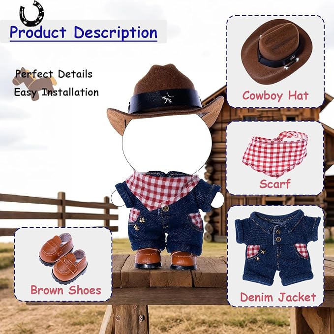 Cowboy Outfit for Dolls – 4-Piece Western Set with Denim Hat, Plaid Scarf, One-Piece Jumpsuit & Brown Boots – Doll Clothes Accessories Only
