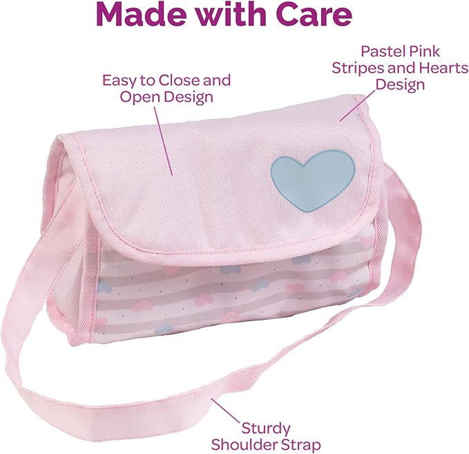 Adora Baby Doll Diaper Bag with Sturdy Straps, Includes Changing Mat and 2 Doll Diapers (Fits 13" Dolls), Birthday Gift For Ages 3+ - Classic Pastel Pink