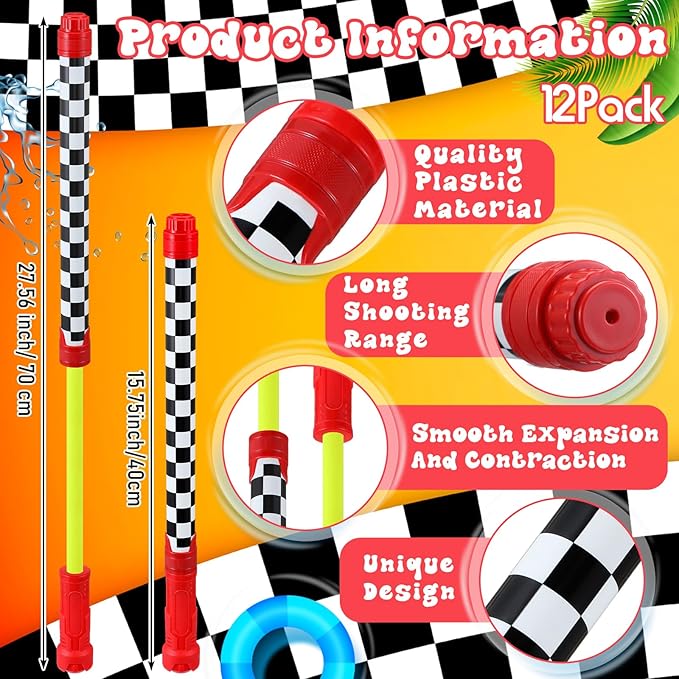 12 Pack Race Car Party Favors Water Gun Blaster 15.75 in Black and White Checkered Racing Water Shooter Blasters Gun for Kids Summer Outdoor Swimming Pool Backyard Beach Summer Games
