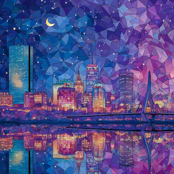 Bgraamiens 1000 Piece Jigsaw Puzzles for Adults – Boston Skyline at Night – Vibrant City Lights with Reflections – Challenging Urban Gift for Puzzle Lovers
