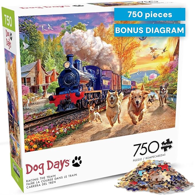 Buffalo Games 750 Piece Jigsaw Puzzle Angelo Bonito Racing The Train, Made in USA, Premium Recycled Board, Full-Color Poster, Giftable Dog Days Art