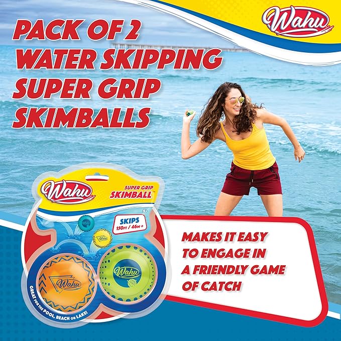 Wahu Super Grip 100% Waterproof Skimball Set, Pack of 2 Water Skipping Balls for Pool and Beach, Skips Over 150' on Water, Green/Orange