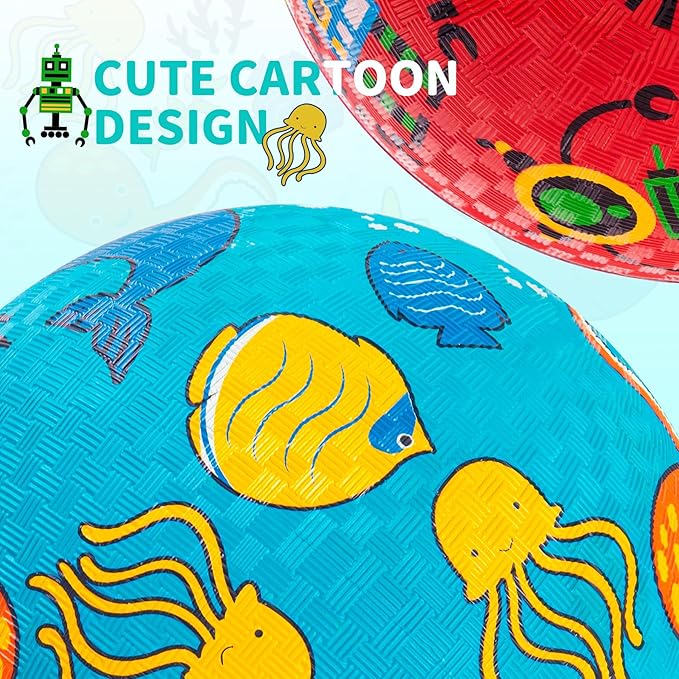 ZOOJOY Pack of 2 Cartoon Playground Balls, Balls for Kids 3+, 8.5" Rubber Balls for Dodgeball, Non-Slip Rubber Bouncy Kickball Set, Indoor & Outdoor Game Toys for Boys Girls with Pump
