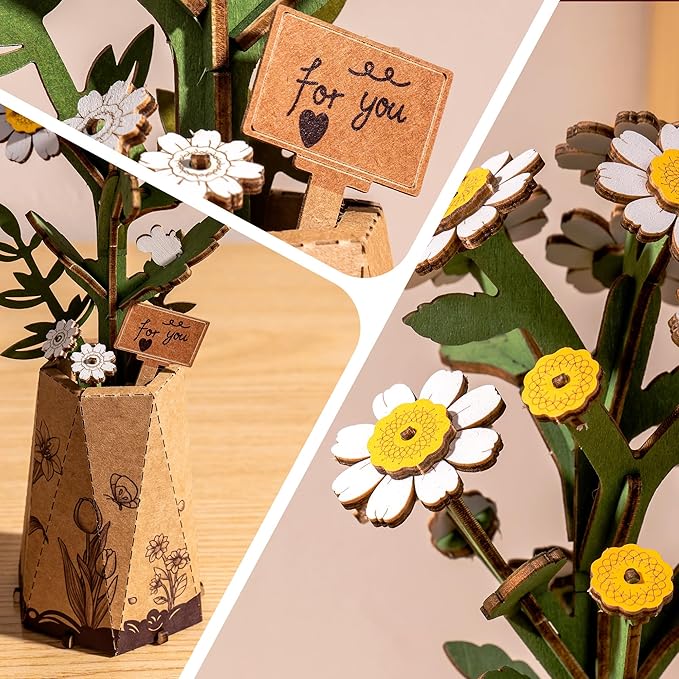 ROBOTIME 3D Wooden Flower Puzzle, Chamomile DIY Craft Kit for Adults, Artificial Flower for Home Table Decor, Gift for Women, Mom, Wife